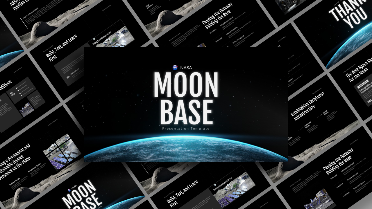 NASA Moon Base Template - cover showing multiple slides in perspective view with space background and Earth curve