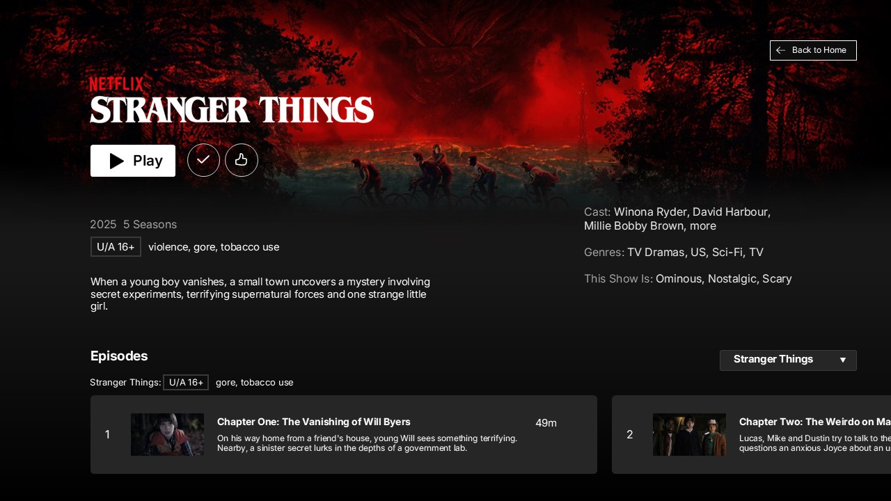Netflix Template - Content detail page layout with show information and episode thumbnails