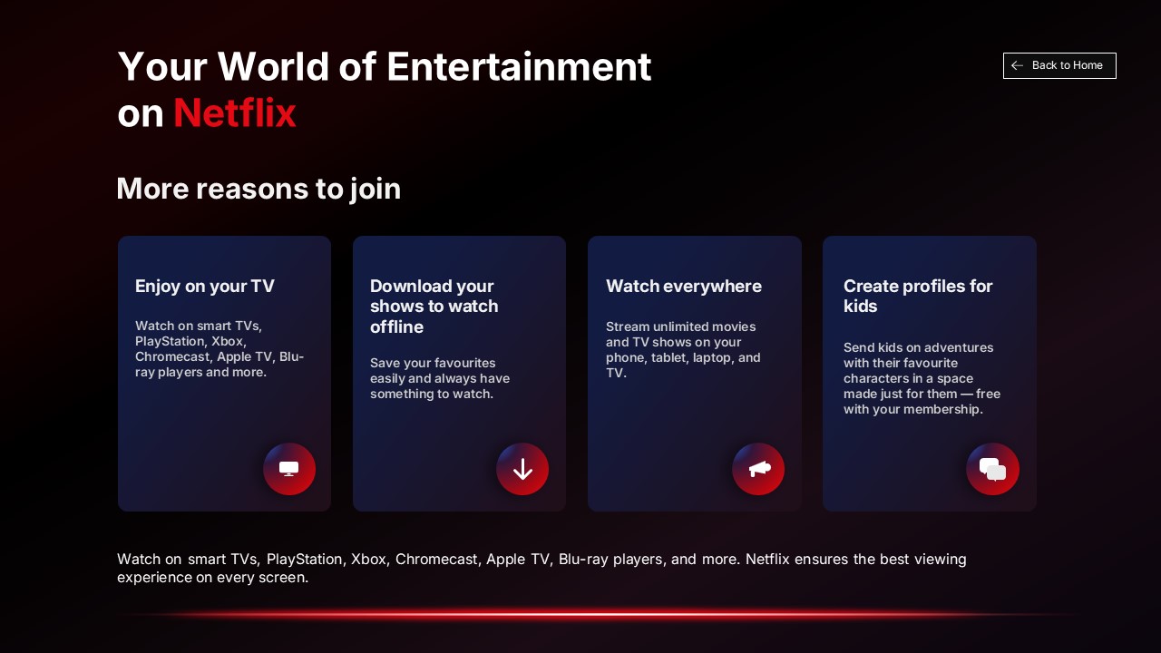 Netflix Template - Four-column feature benefits grid with red circular icons on dark blue background