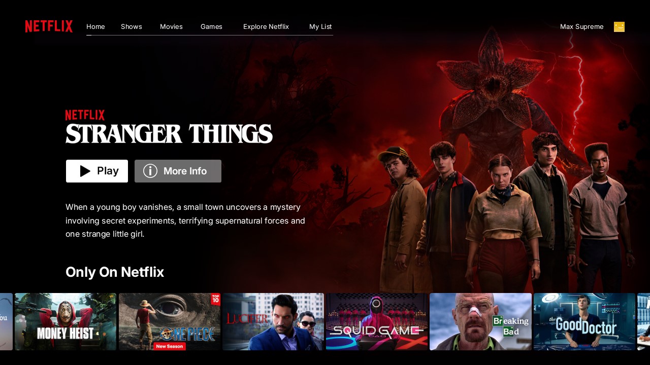 Netflix Template - Home interface mockup with navigation bar and Stranger Things featured content