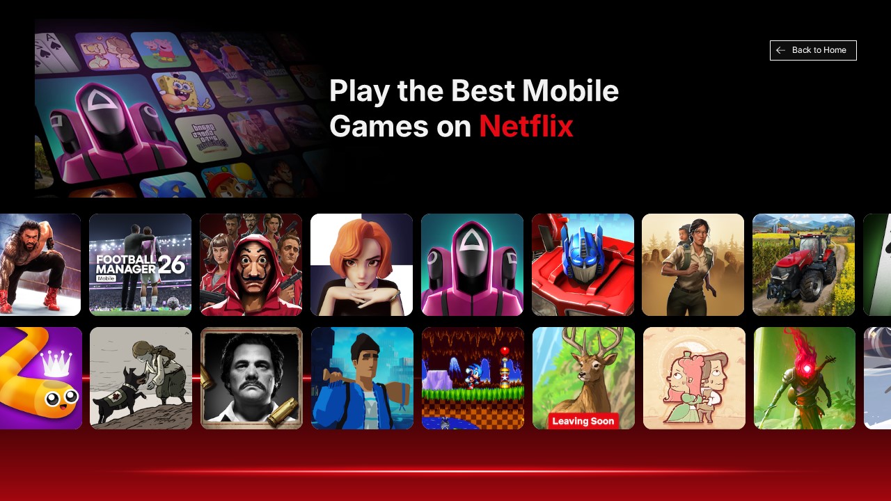Netflix Template - Mobile gaming slide with game thumbnails and 'Play the Best Mobile Games' headline