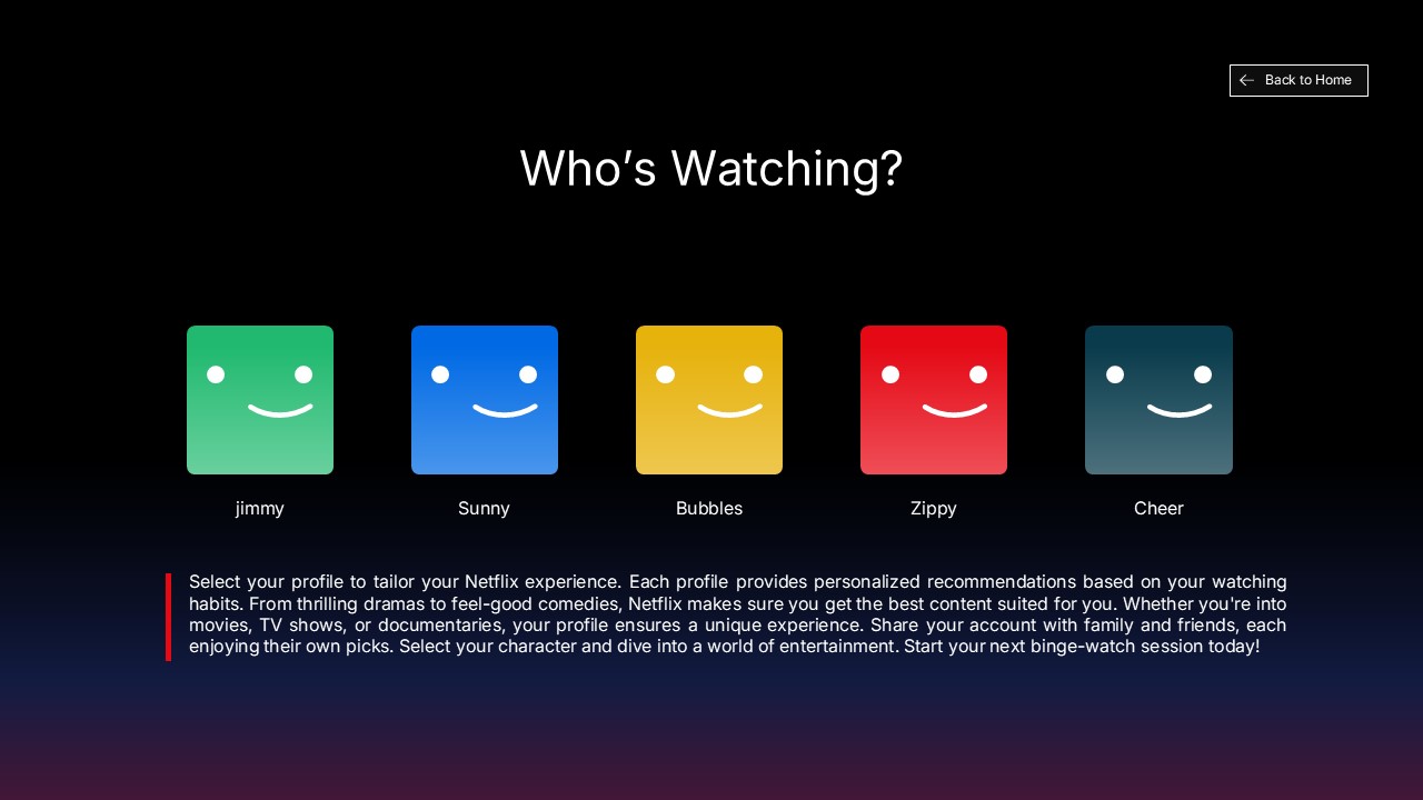 Netflix Template - Profile selection slide with 'Who's Watching?' and colorful avatar icons