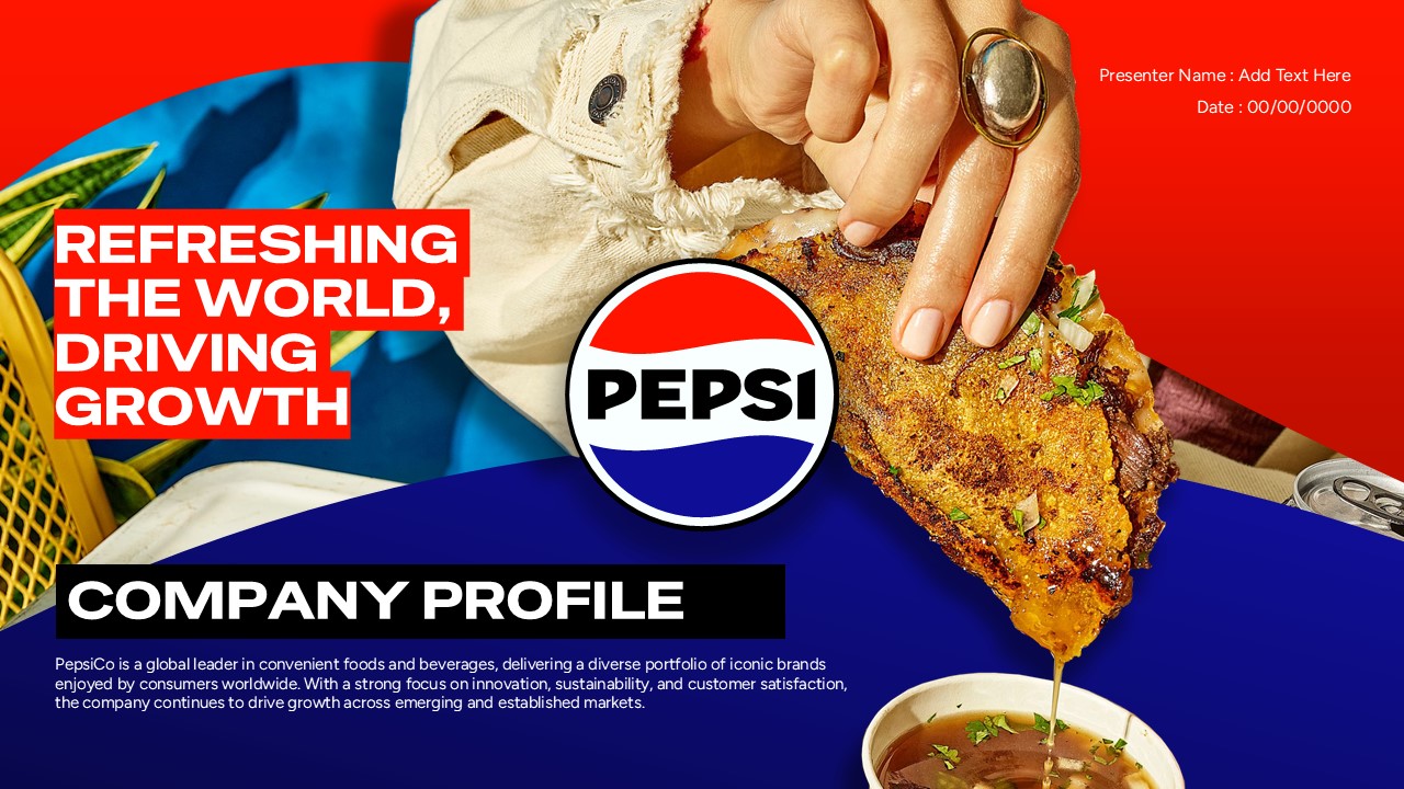 Pepsi Company Profile PowerPoint Template - Hero food imagery paired with refreshing brand messaging and logo placement