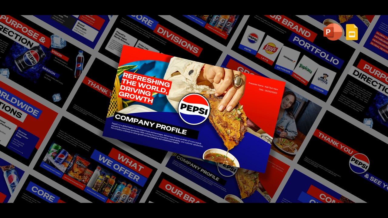 Pepsi Company Profile Template - Dynamic cascade of slides featuring bold red-blue branding with refreshing tagline