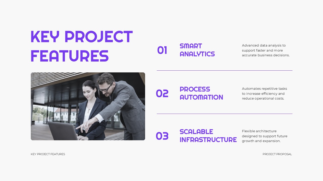 Project Proposal Features Template - Workflow grid layout with process steps and user adoption metrics display