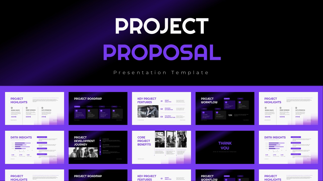 Project Proposal Template - Cover slide with grid preview of all 11 presentation slides on dark gradient background
