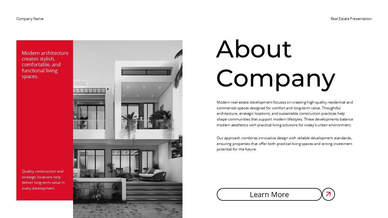 Real Estate About Company Template - Two-column layout with modern architecture and business description