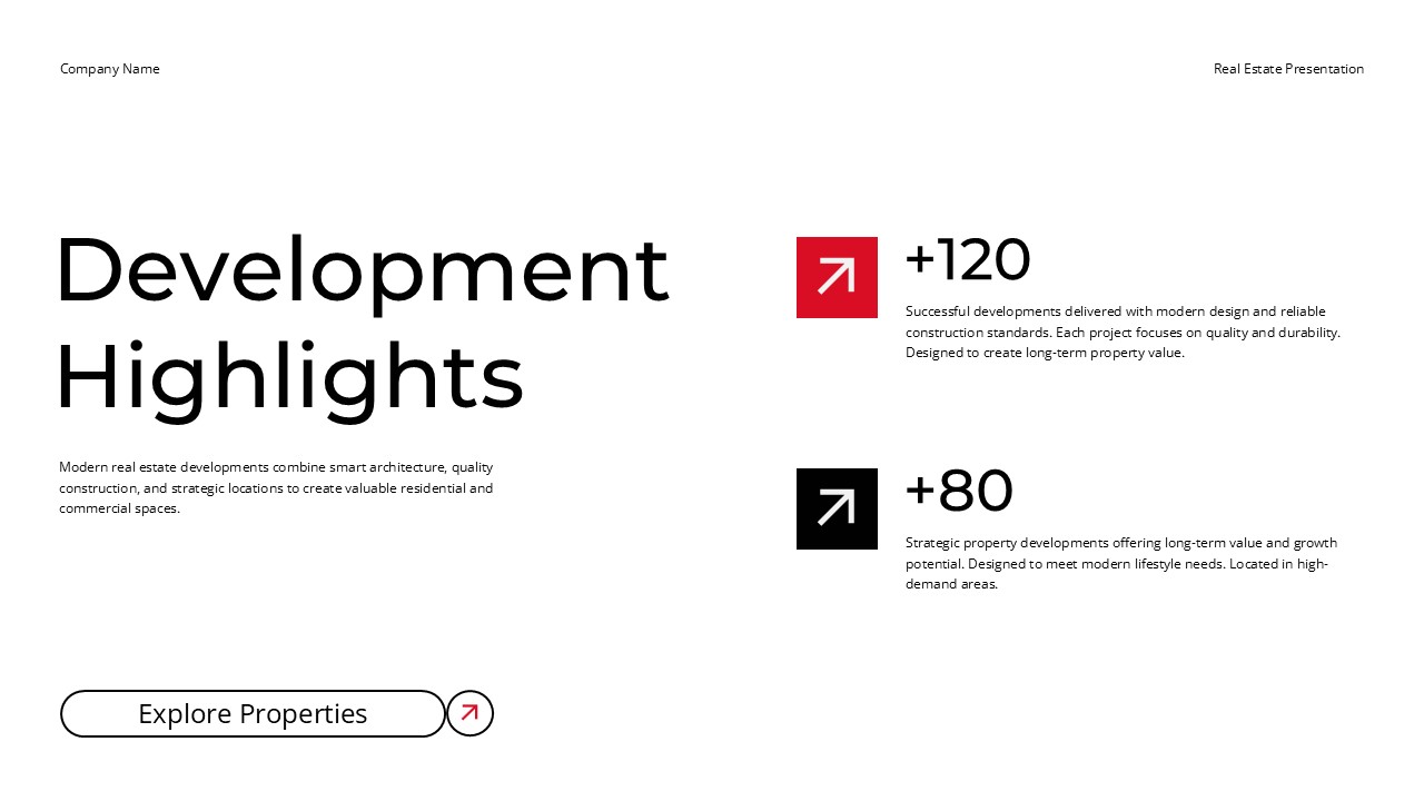 Real Estate Development Highlights Template - Achievement metrics with clean minimalist design