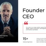 Real Estate Founder CEO Template - Professional profile with executive portrait and experience metrics