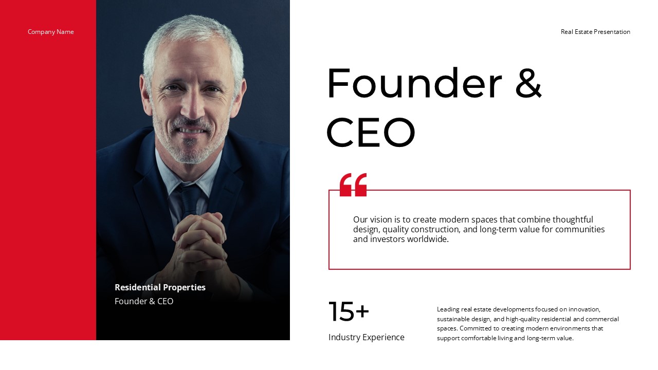 Real Estate Founder CEO Template - Professional profile with executive portrait and experience metrics