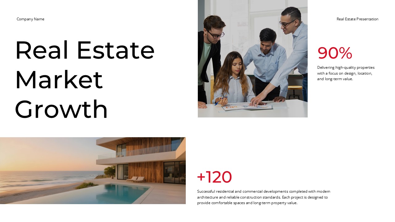 Real Estate Market Growth Template - Performance metrics with luxury property and business imagery