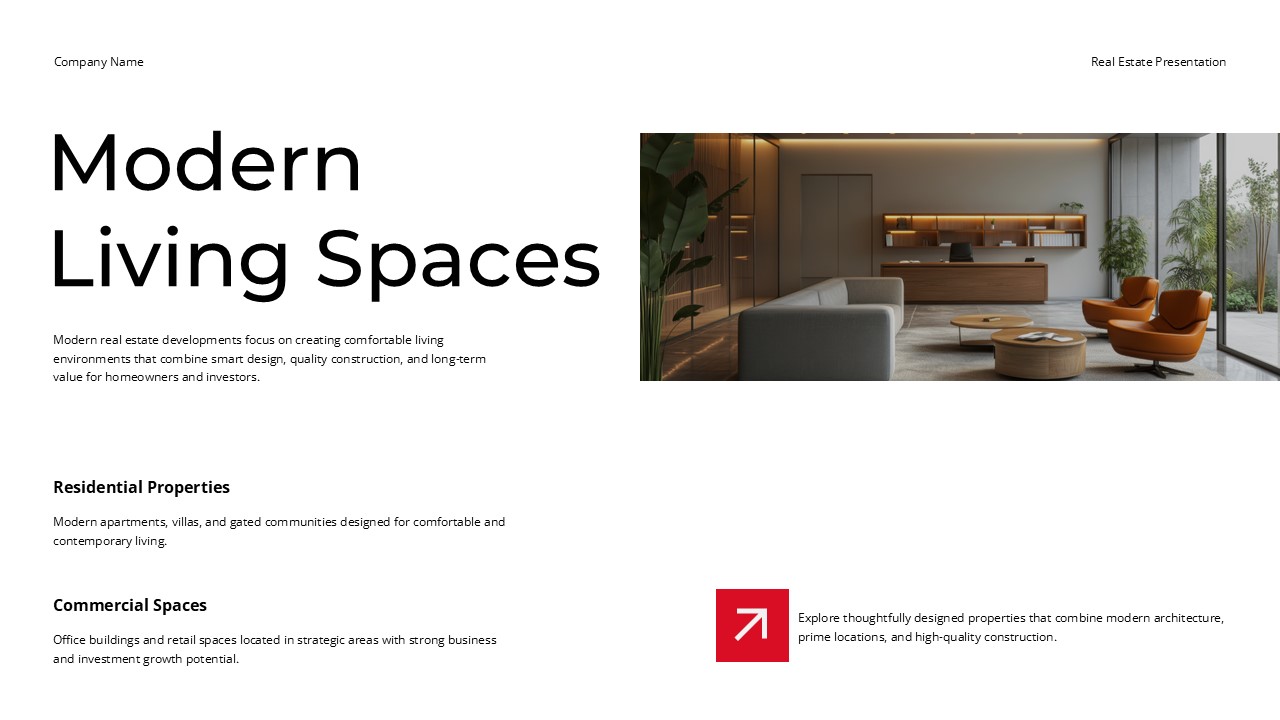 Real Estate Modern Living Spaces Template - Interior design showcase with property type breakdowns