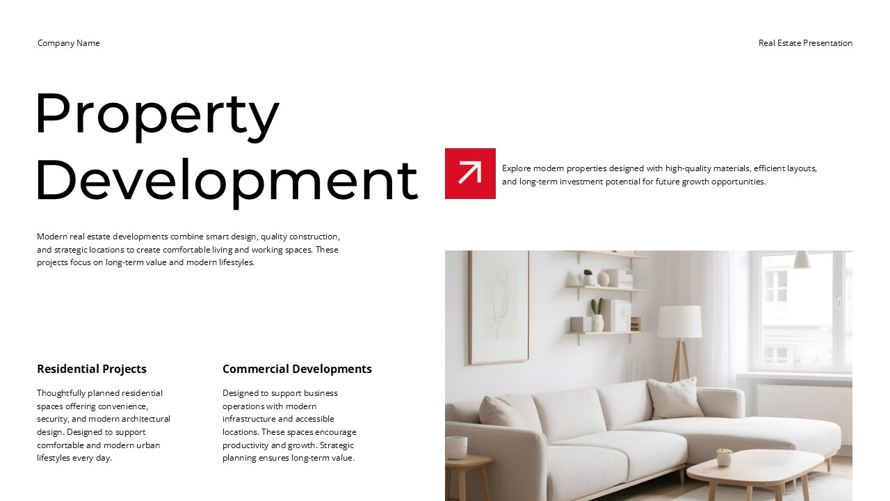 Real Estate Property Development Template - Project descriptions with minimalist interior photography