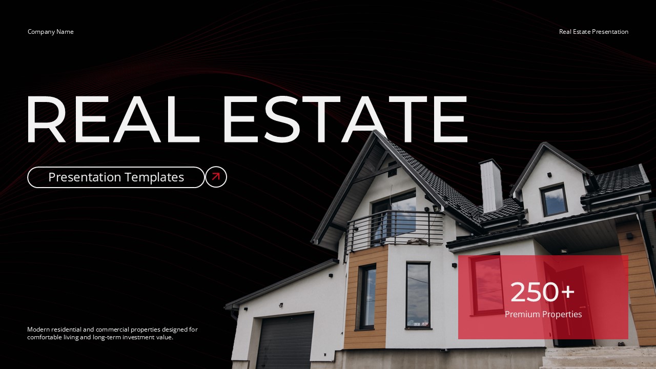 Real Estate Pitch Deck Template - Professional cover slide with modern house and company branding