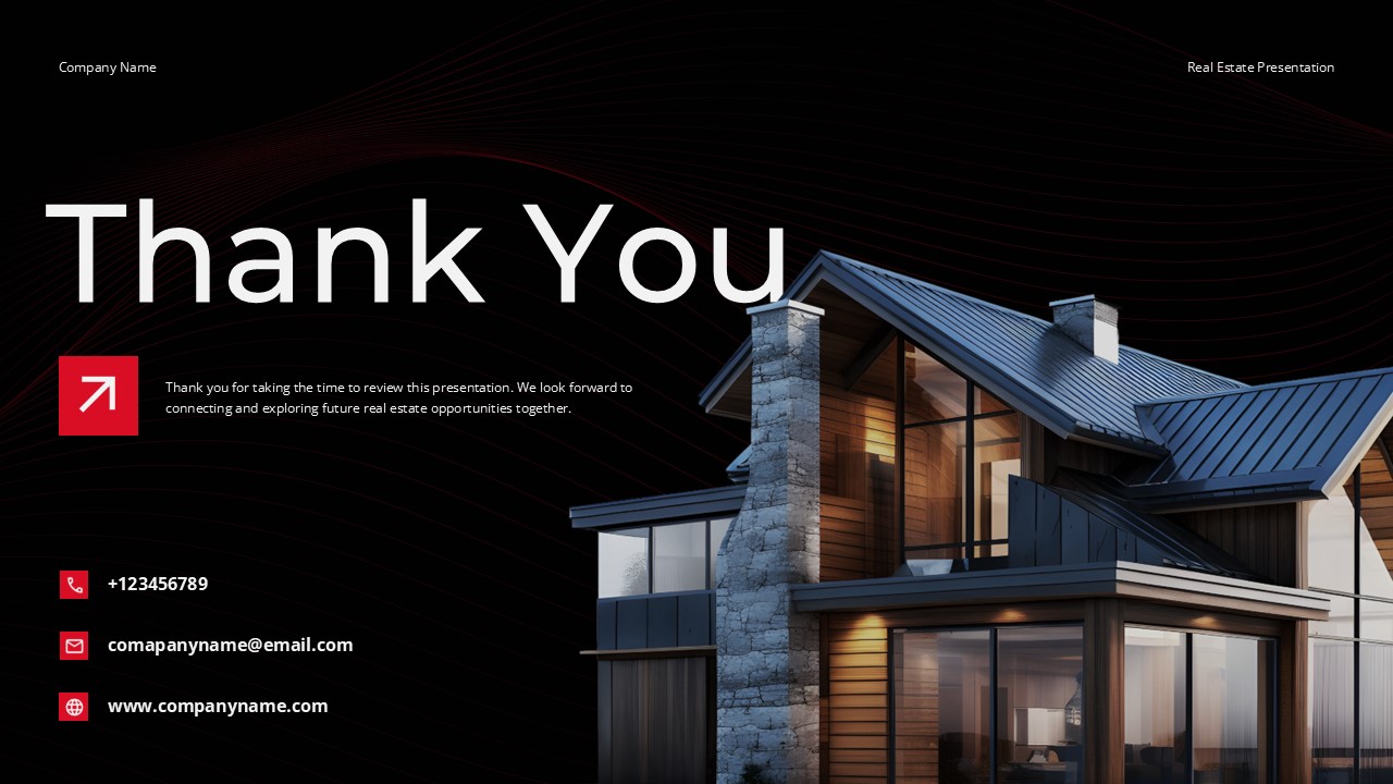 Real Estate Thank You Template - Professional closing slide with contact information and architecture