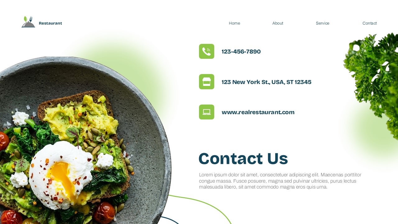Restaurant Theme Template - Contact information slide to share restaurant location and details