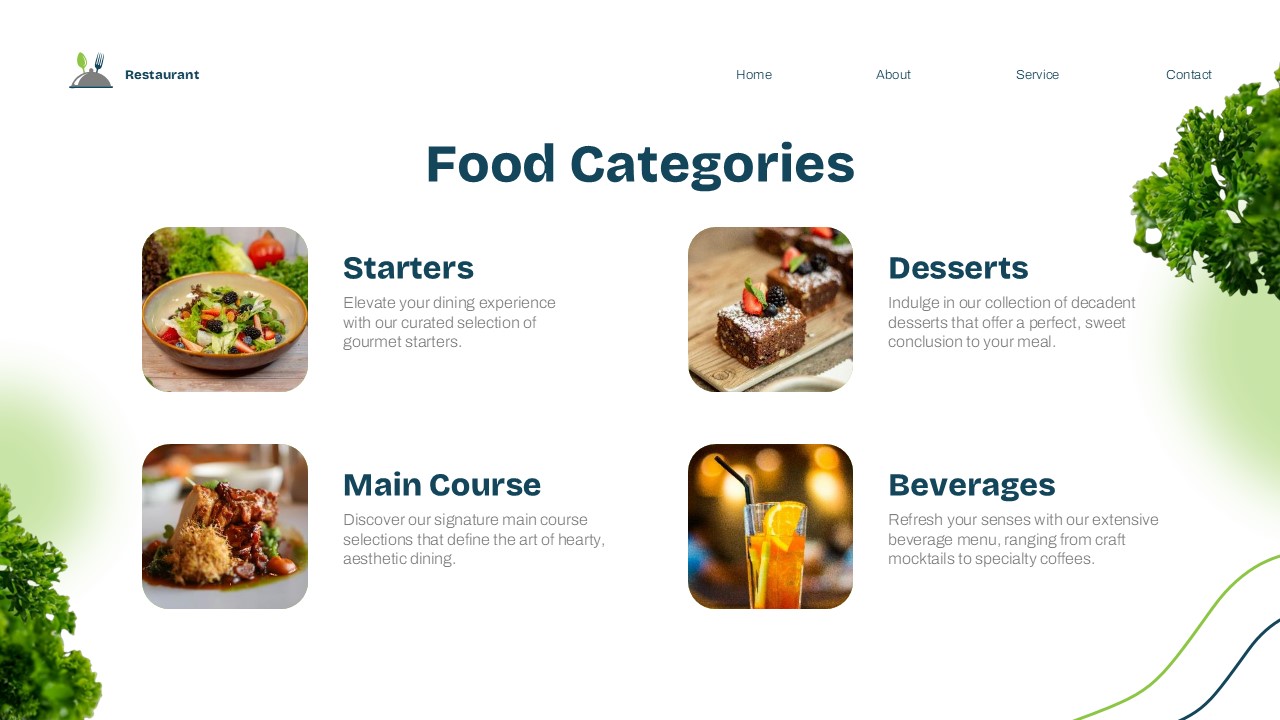 Restaurant Theme Template - Food categories slide to organize your menu offerings by type