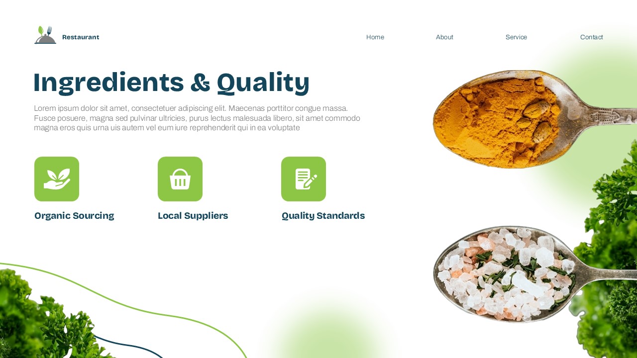 Restaurant Theme Template - Ingredients and quality slide to highlight your sourcing and standards