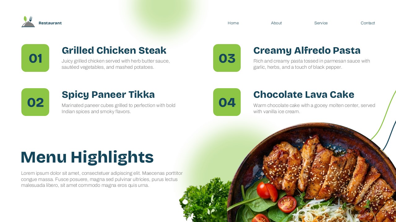 Restaurant Theme Template - Menu highlights slide to showcase your signature dishes and specialties