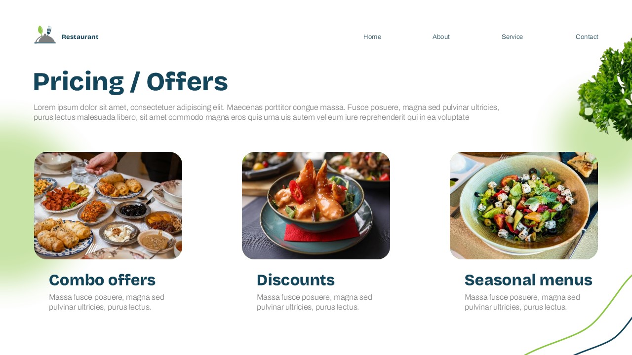 Restaurant Theme Template - Pricing and offers slide to promote deals and special menu packages