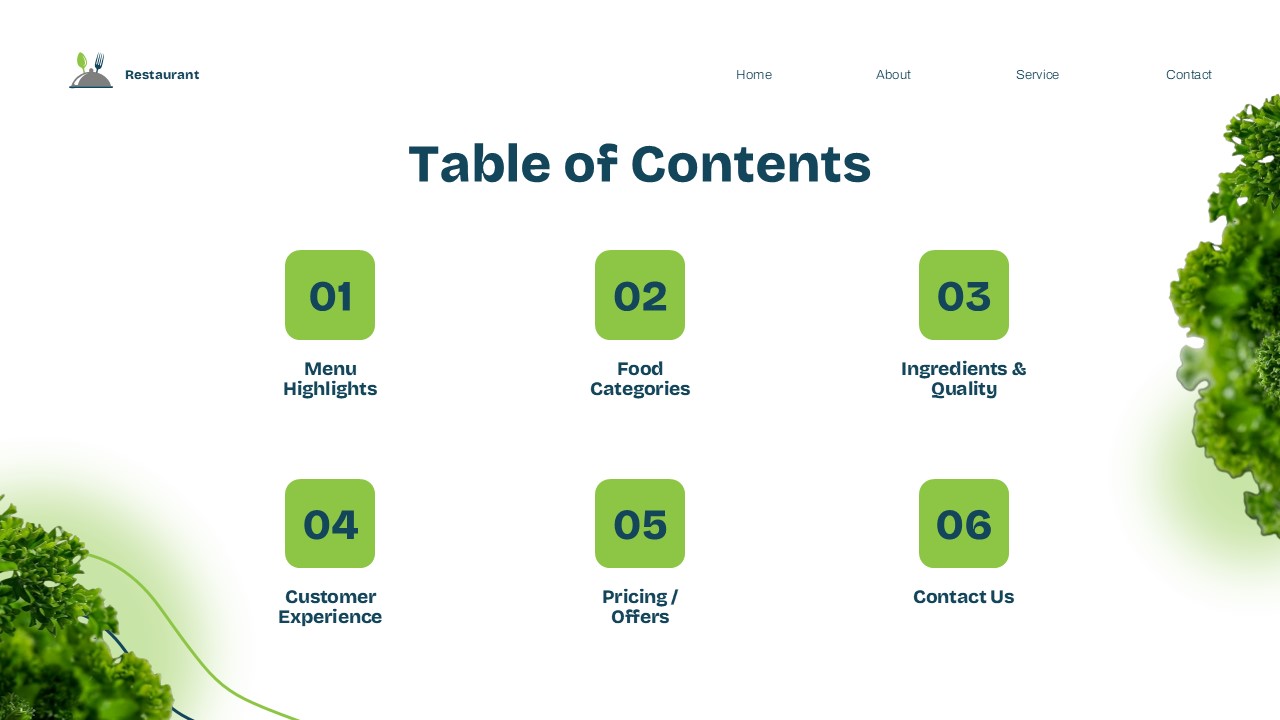 Restaurant Theme Template - Table of contents slide to organize your restaurant presentation structure