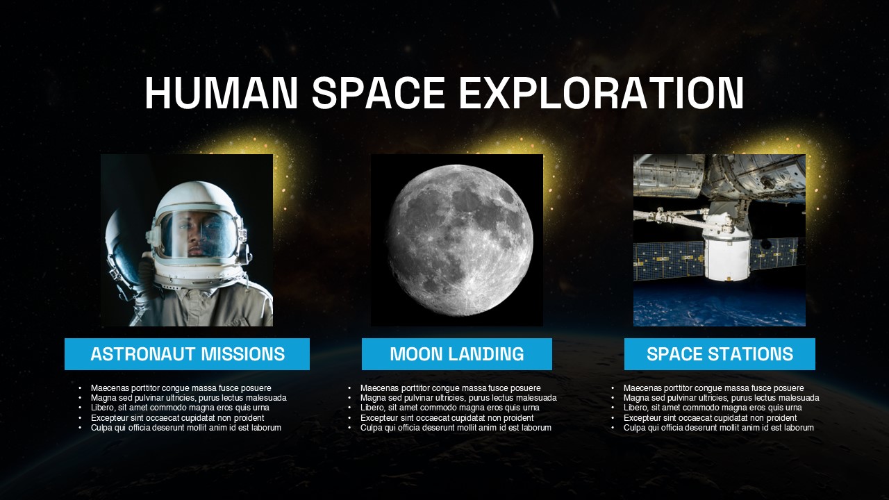 Space Template - Three-column slide to compare astronaut missions, moon landing, and space stations