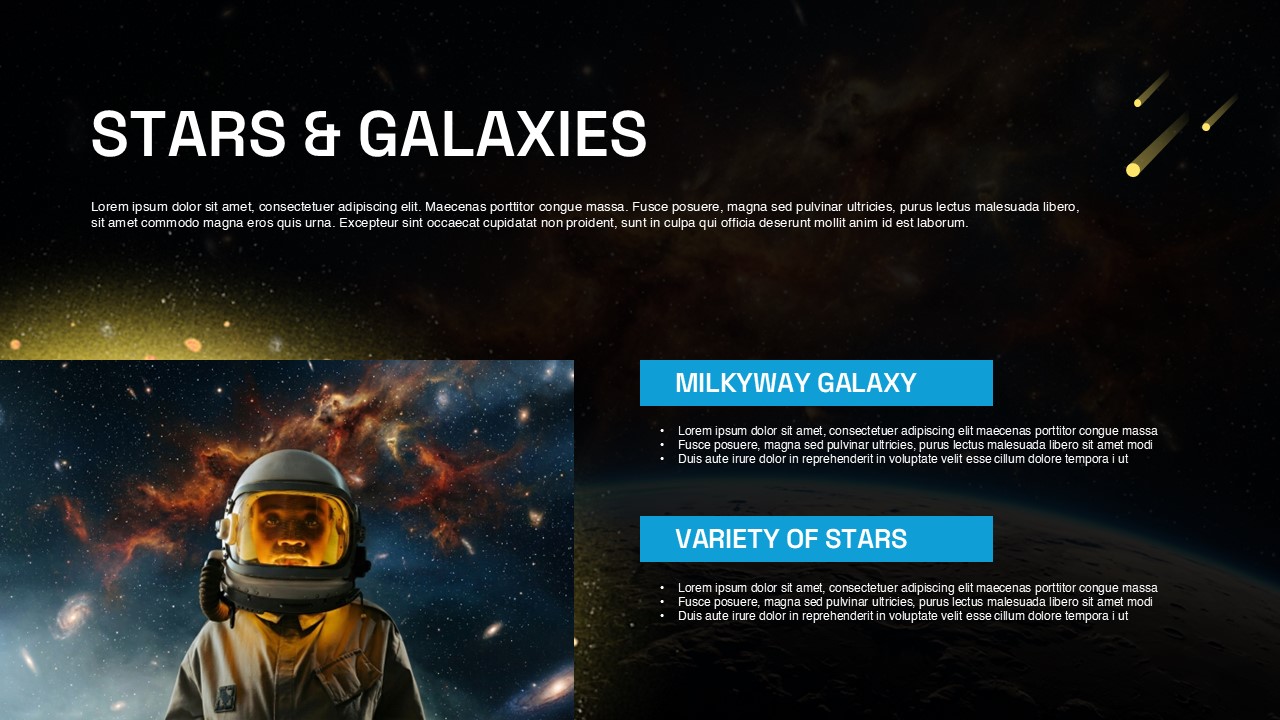 Space Template - Split layout slide to present information about stars, galaxies, and celestial objects