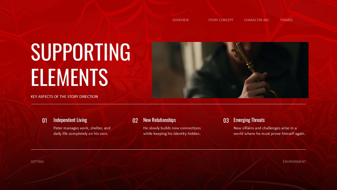Spider-Man Supporting Elements Template - Story direction slide with three key aspects outlined