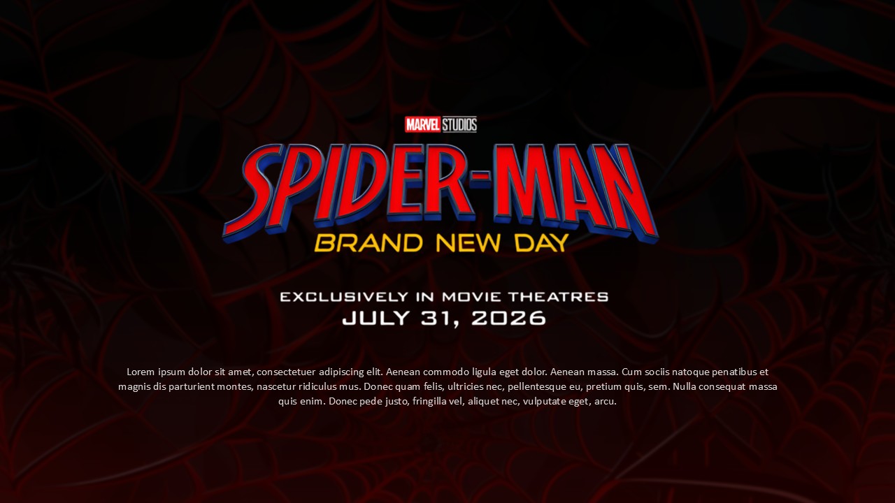 Spider-Man Brand New Day Movie Template - Title slide with Marvel Studios branding and red spider web design