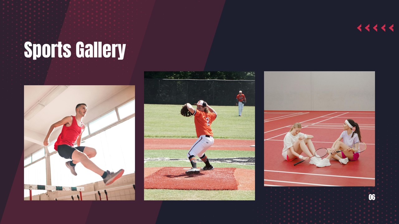 Sports PowerPoint Template - Three-image gallery grid displaying gymnastics, baseball, and tennis diversity