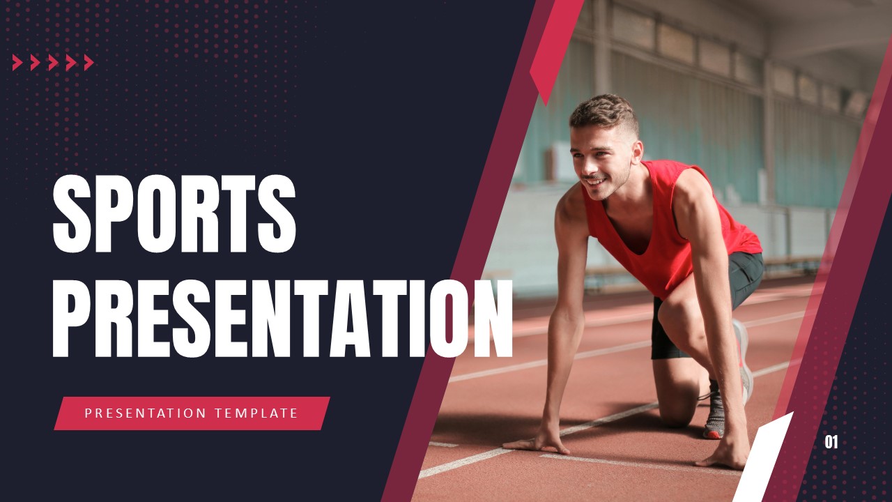 Sports PowerPoint Template - Bold title slide showcasing athlete in starting position with modern geometric design