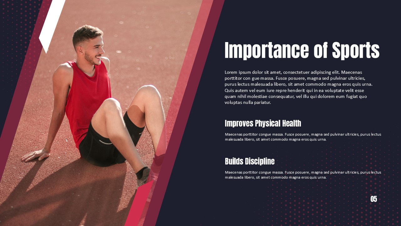 Sports PowerPoint Template - Benefits slide featuring confident athlete with physical health and discipline points