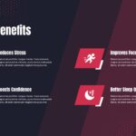 Sports PowerPoint Template - Four-quadrant mental health benefits grid with stress reduction and focus improvement
