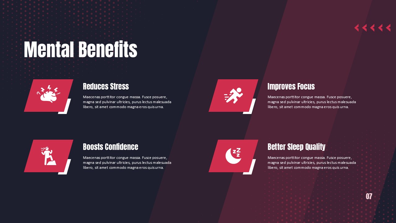 Sports PowerPoint Template - Four-quadrant mental health benefits grid with stress reduction and focus improvement