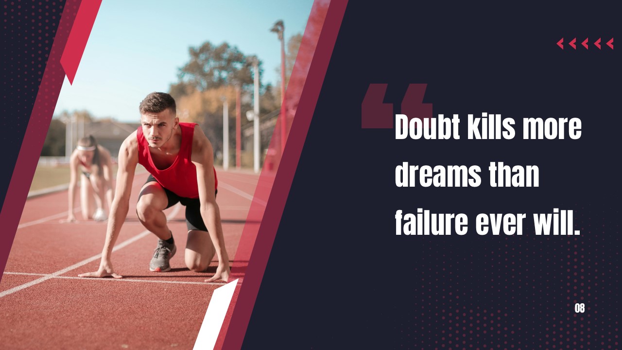 Sports PowerPoint Template - Inspirational quote slide with athlete in starting position and motivational message