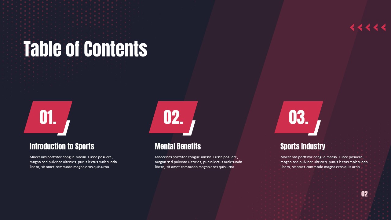 Sports PowerPoint Template - Organized three-column agenda layout with numbered sections and red accent blocks