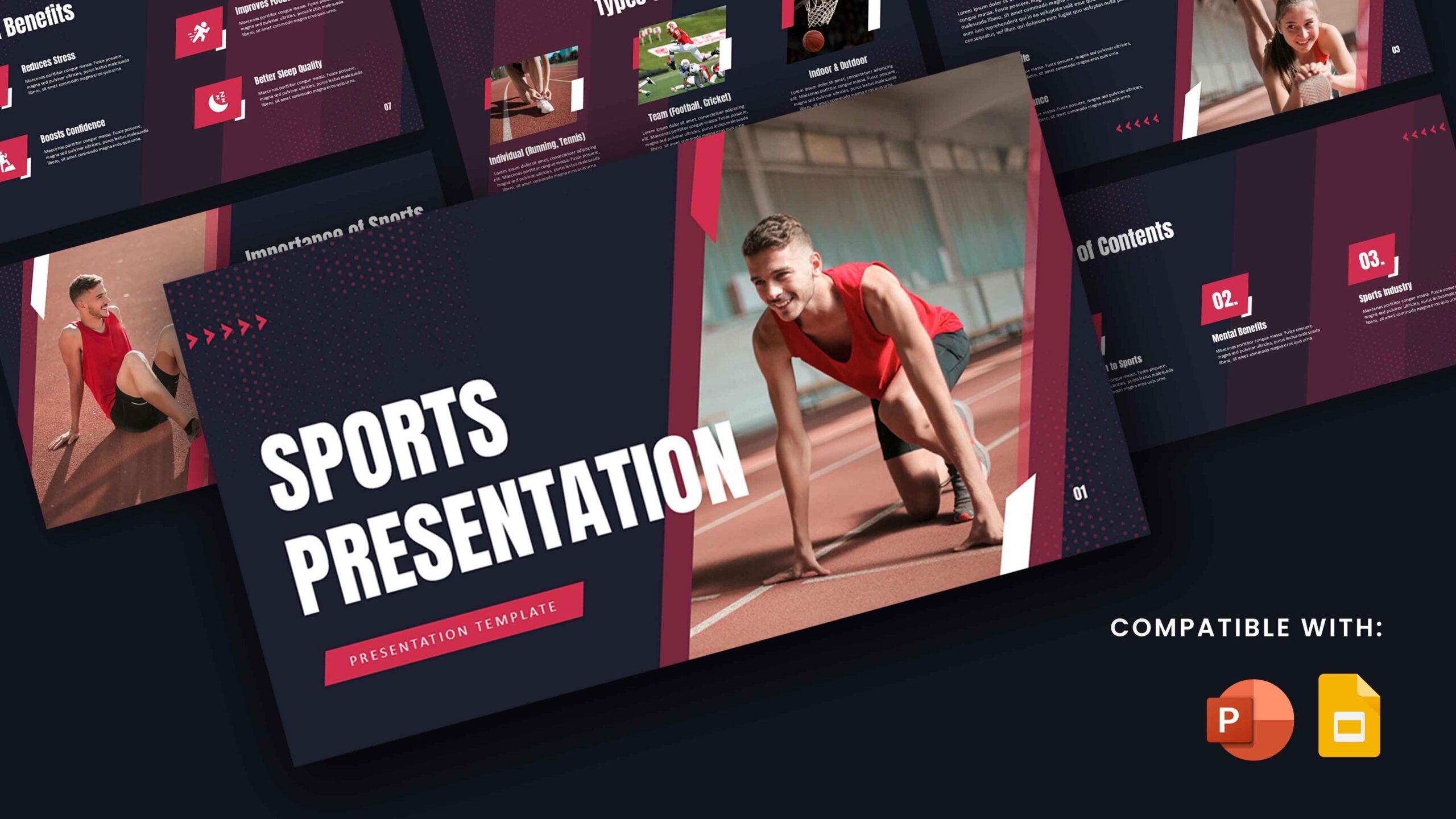 Sports PowerPoint Template - Athletic presentation design with runner silhouette and bold geometric elements