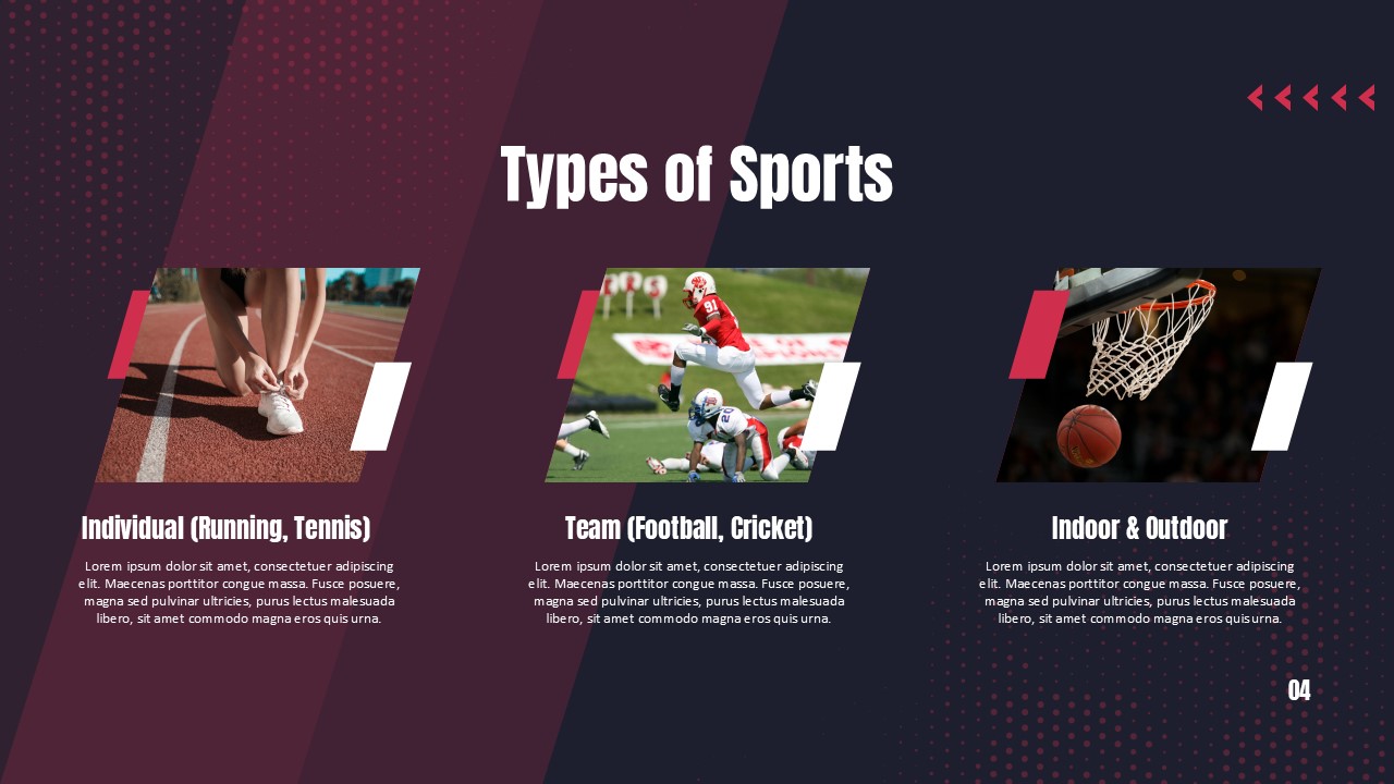 Sports PowerPoint Template - Three-column grid showcasing individual, team, and indoor sports categories