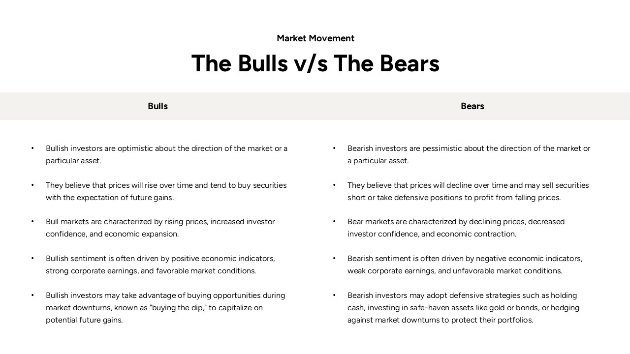 Stockbrokers Philosophy Bulls vs Bears - Clean comparison table contrasting optimistic and pessimistic market views