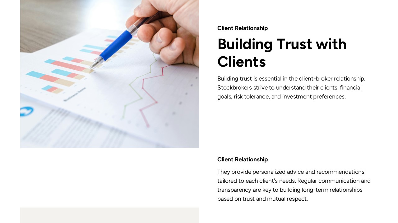 Stockbrokers Philosophy Client Trust - Personal touch shown through hands-on financial chart analysis and planning