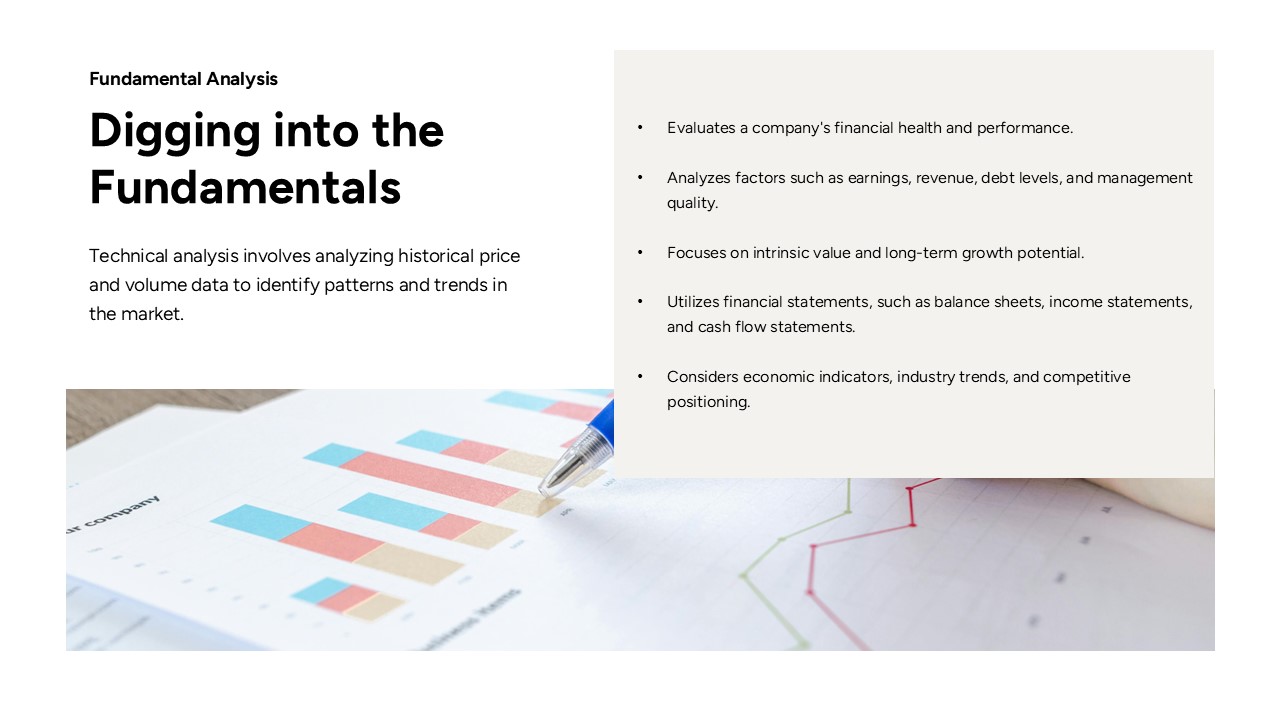Stockbrokers Philosophy Fundamentals - Key analysis points supported by colorful financial chart visualizations