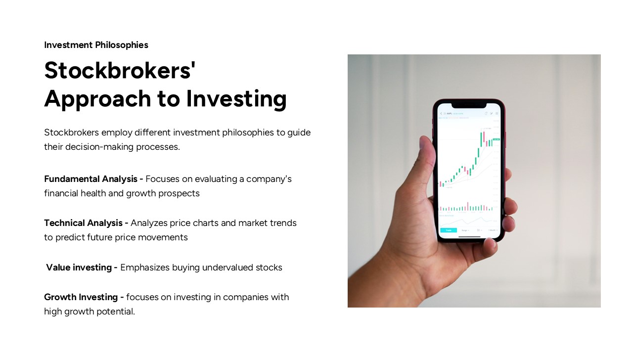 Stockbrokers Philosophy Investment Approach - Four key strategies displayed with modern mobile trading interface