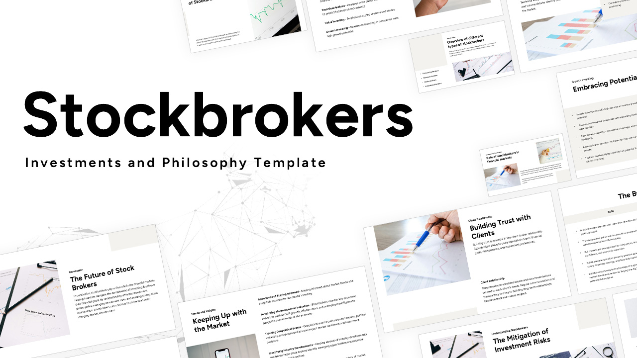 Stockbrokers Philosophy Template - Cascading slides preview with geometric bull wireframe on minimalist design