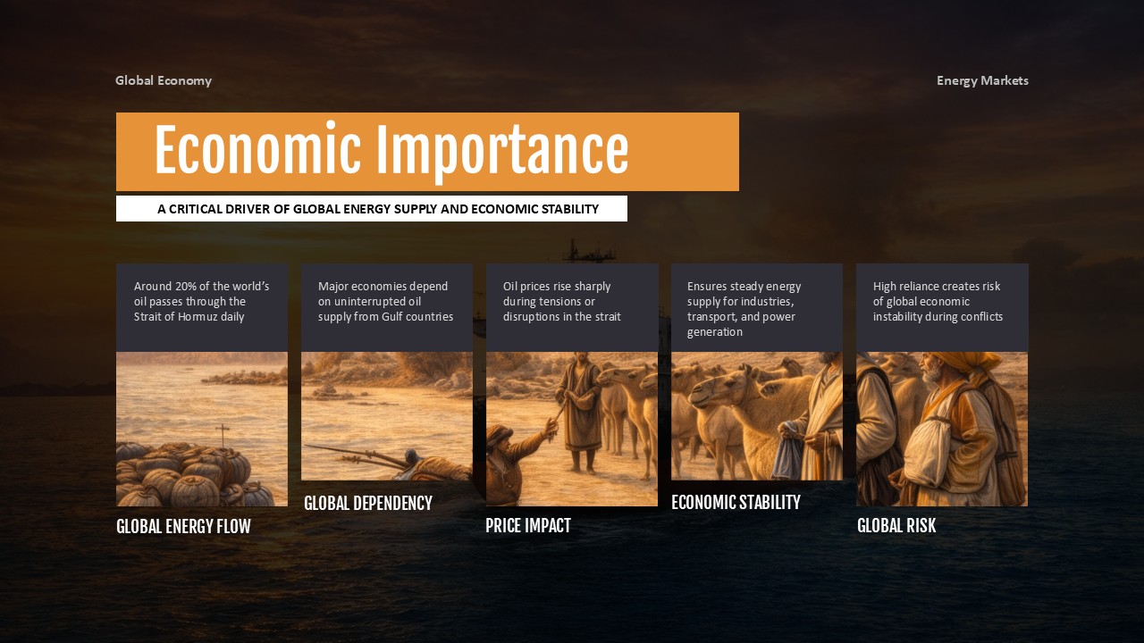 Plantilla económica del estrecho de Ormuz: diseño de cinco columnas con imágenes y conceptos económicos de temática del antiguo Oriente Medio.