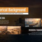 Plantilla histórica del estrecho de Ormuz: diseño de dos secciones con imágenes de veleros antiguos y buques de guerra modernos.