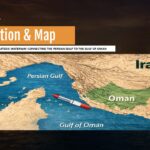 Plantilla de mapa de ubicación del estrecho de Ormuz: mapa 3D que muestra el estrecho entre Irán y Omán con superposición gráfica de misiles.