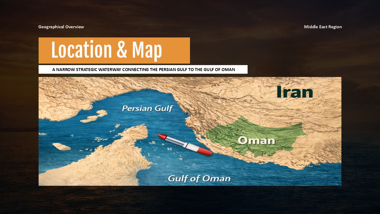 Plantilla de mapa de ubicación del estrecho de Ormuz: mapa 3D que muestra el estrecho entre Irán y Omán con superposición gráfica de misiles.