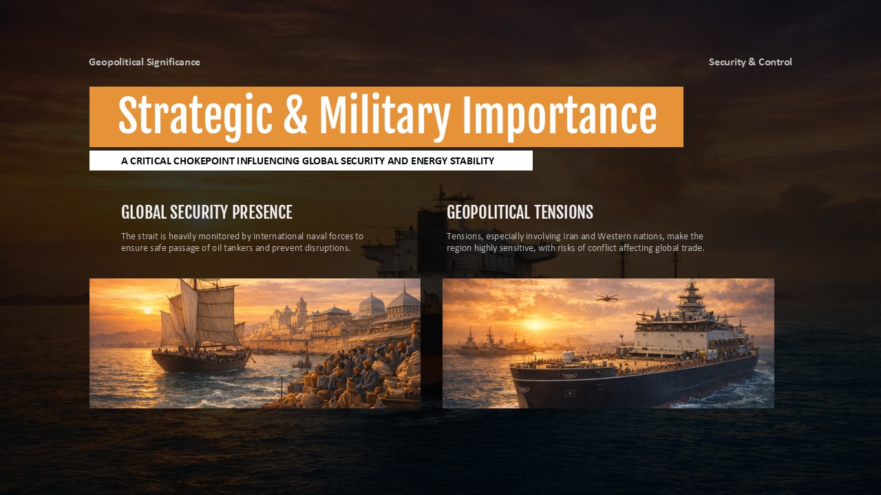 Plantilla militar del Estrecho de Ormuz: diapositiva de dos secciones con imágenes de buques de guerra históricos y operaciones militares modernas.