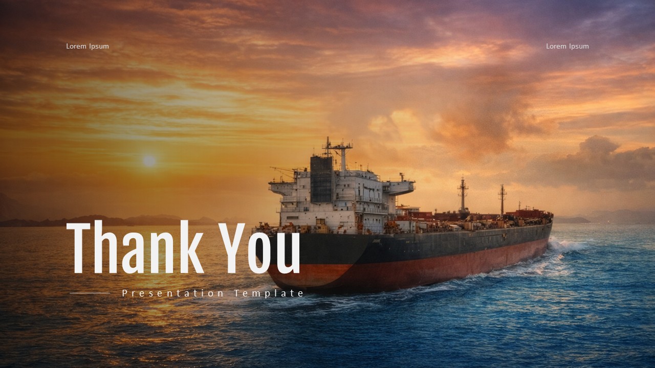 Plantilla de agradecimiento del Estrecho de Ormuz: diapositiva de cierre con un gran texto blanco de "Gracias" sobre un fondo de puesta de sol marítima.