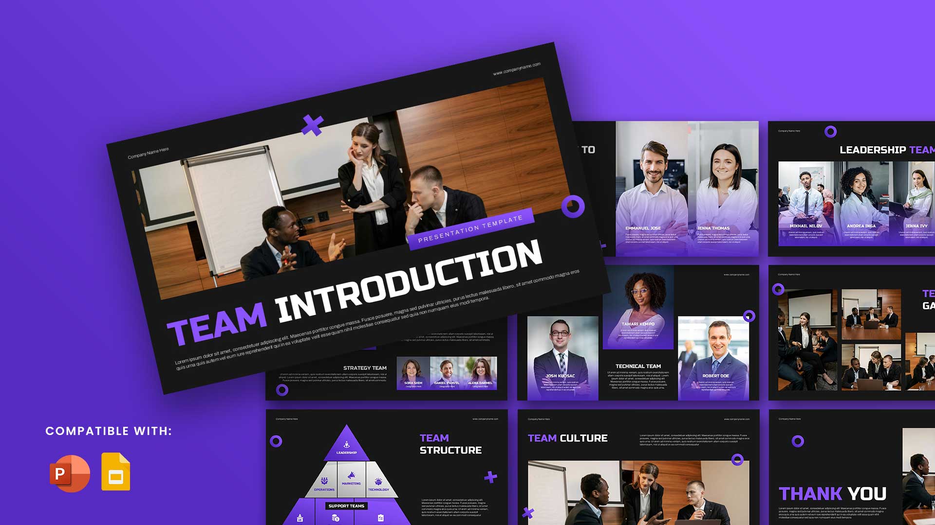 Team Introduction Template - 11 slide preview with purple theme